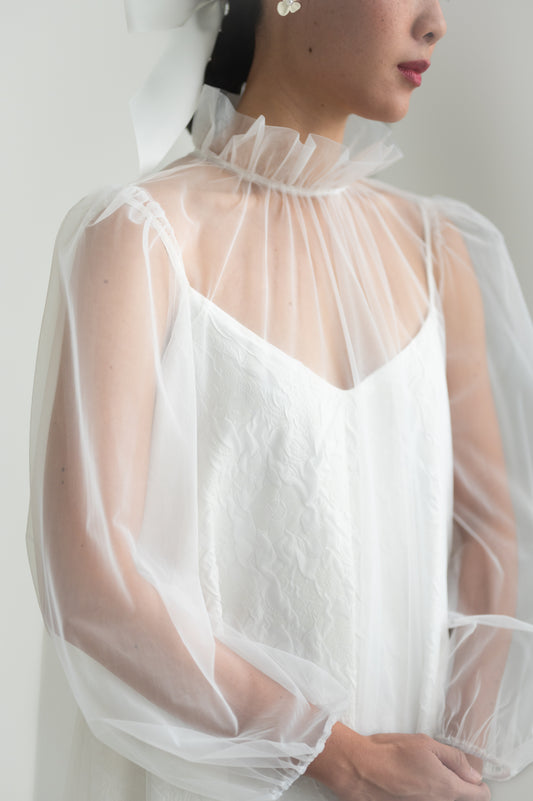 Sheer tulle dress with a high ruffled collar, puffed sleeves with elastic cuffs, and a keyhole button closure at the back. 